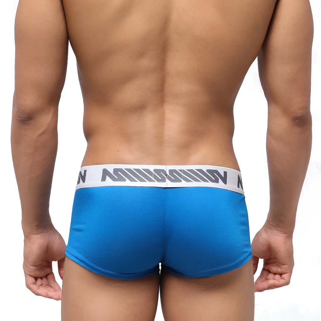 Blue athletic briefs with white waistband gray stripes and misson branding from MetroMaleWear pocket short boxer royal blue 3113-18