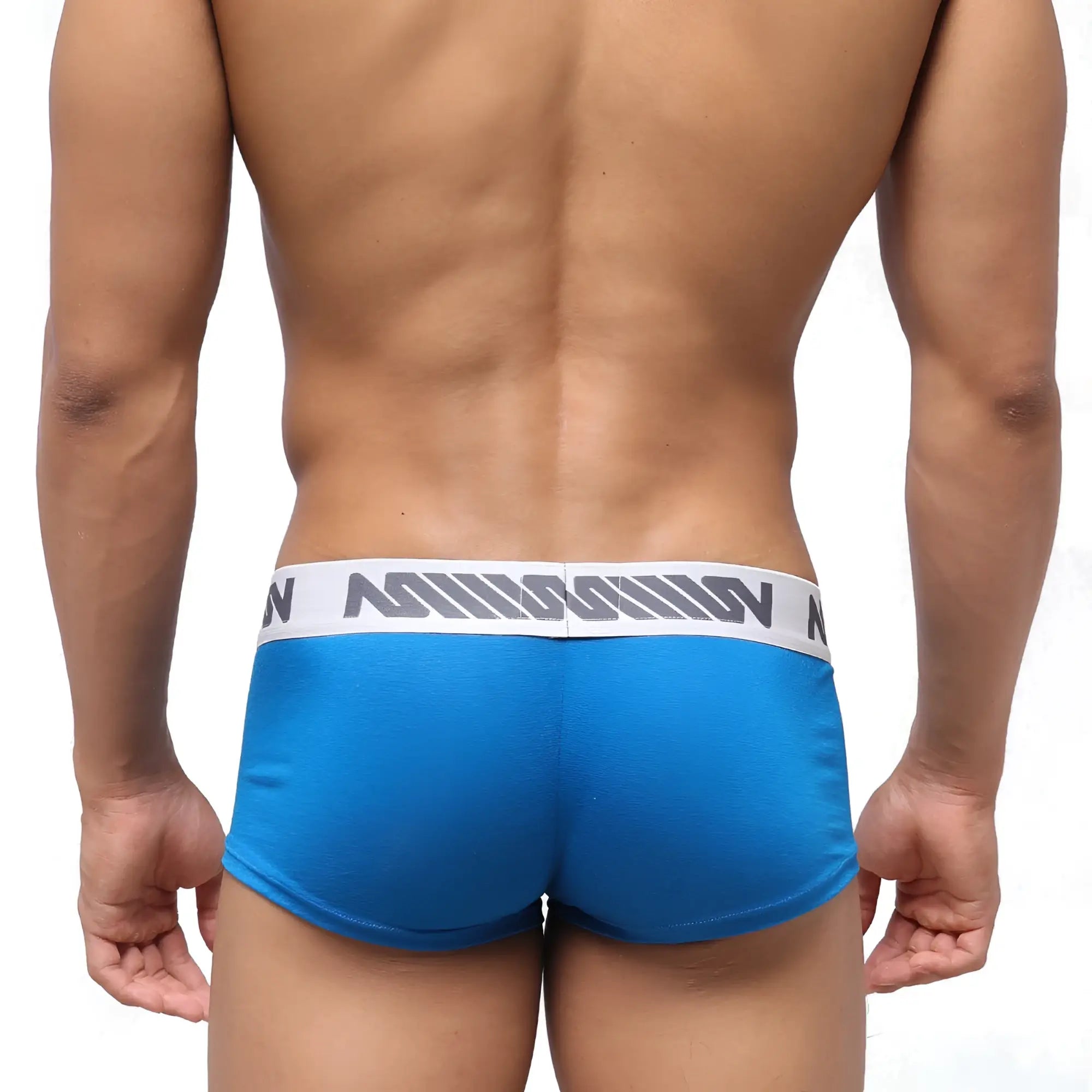 Blue athletic briefs with white waistband gray stripes and misson branding from MetroMaleWear pocket short boxer royal blue 3113-18