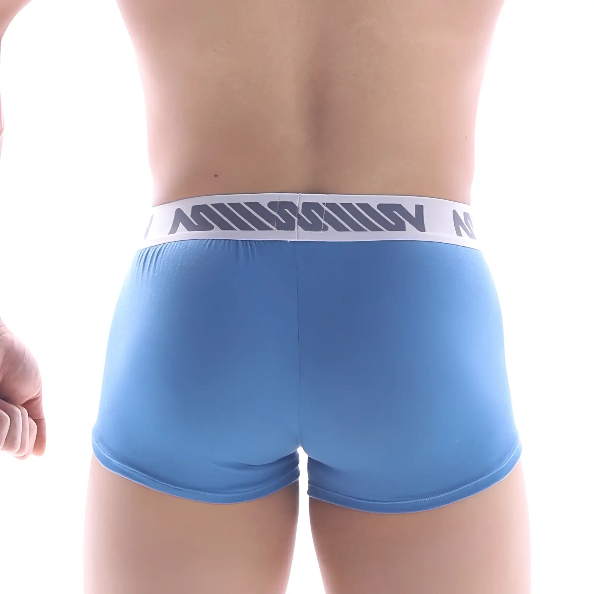 Light blue men’s briefs with white elastic waistband featuring million brand gray lettering metro malewear pocket short boxer