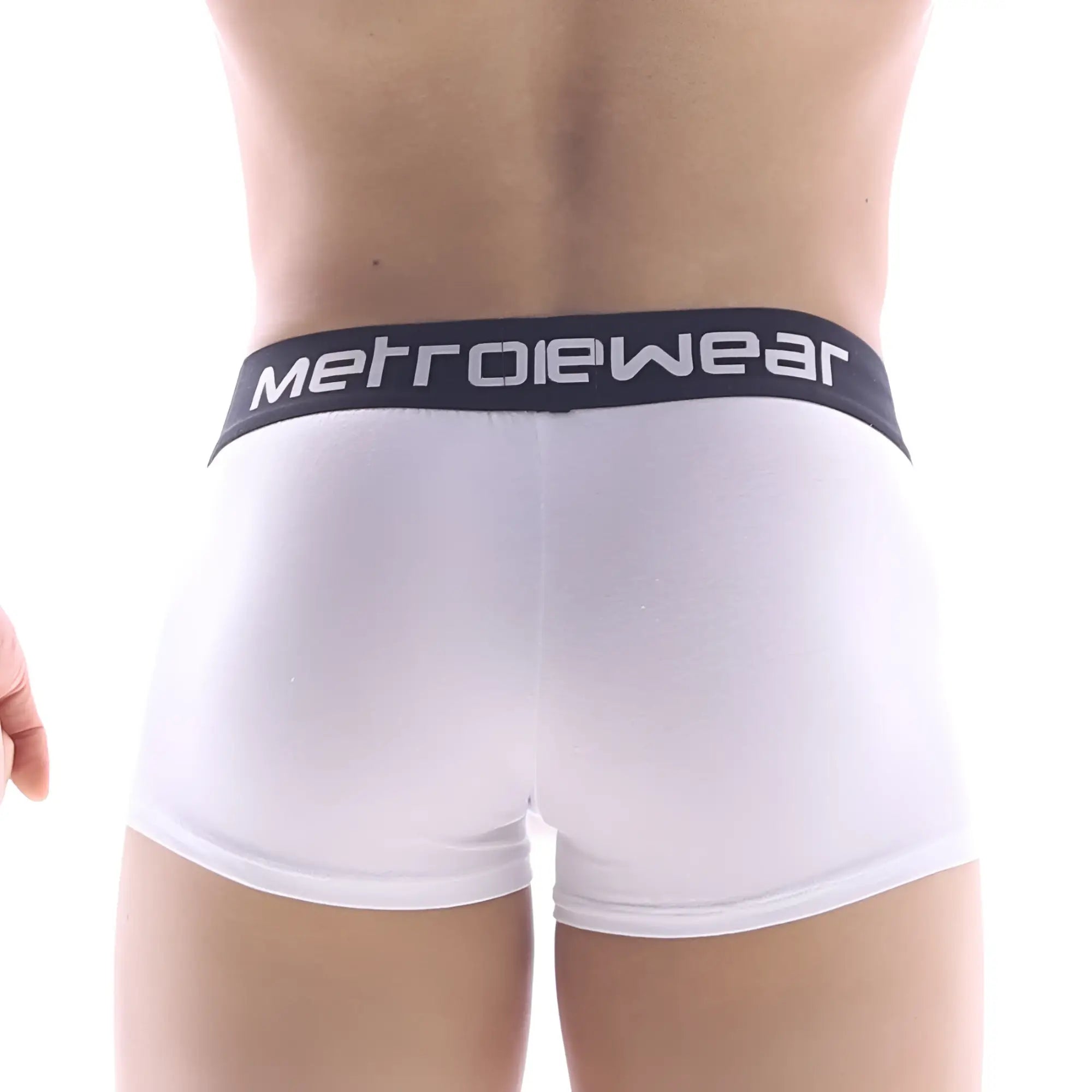 White metrowear pocket short boxer briefs with black waistband featuring brand name in white lettering