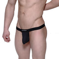 Black mesh MetroMaleWear pocket thong in black with a solid waistband featuring the Metroweare logo in white