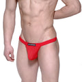 Red mesh briefs with a black brand label from metro male wear pocket thong red mesh 3202-73 in front view