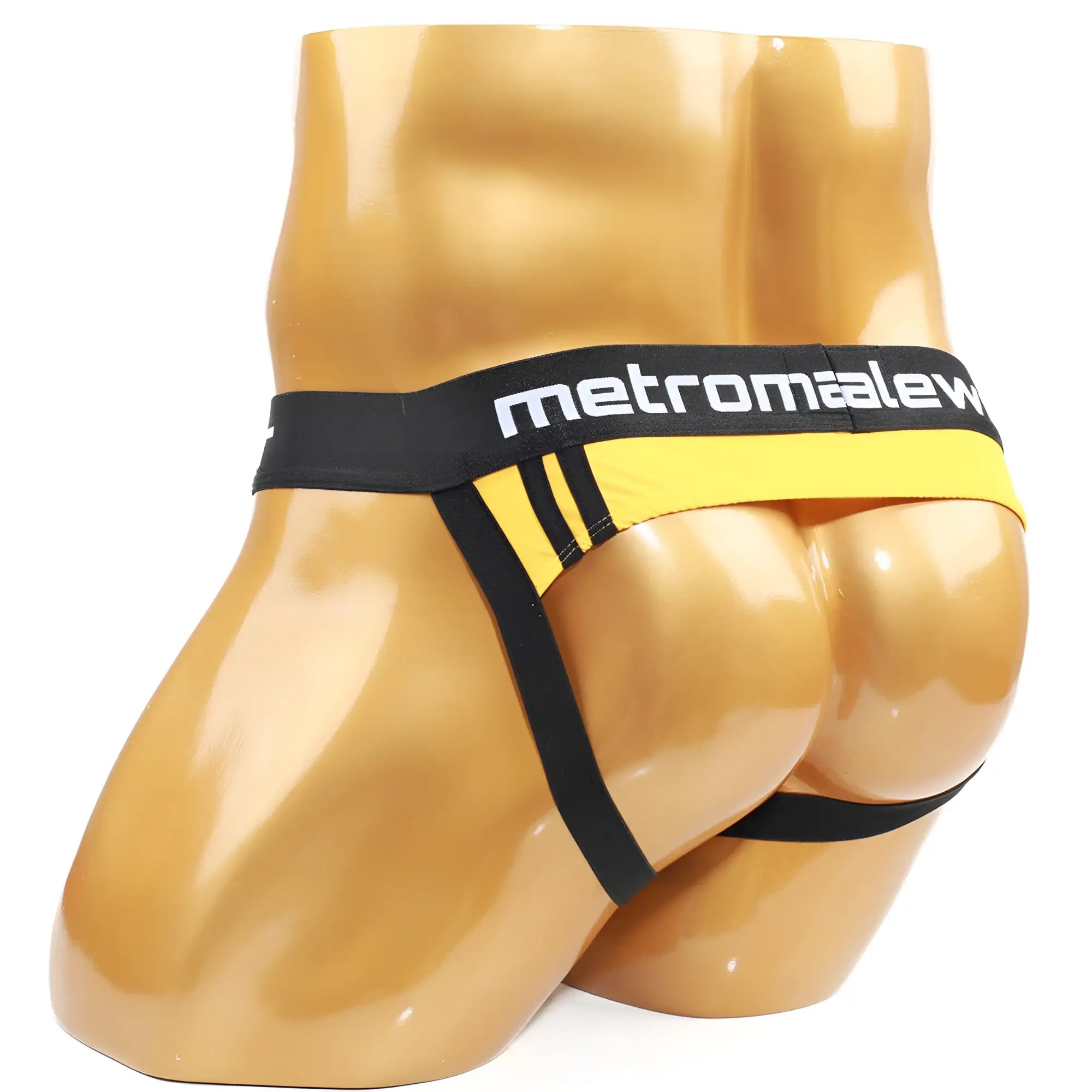Black and yellow metromale athletic briefs with bold striped design from metromalewear poderoso jock strap mango 2041-15