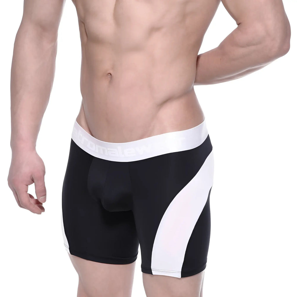 Black and white MetroMaleWear polyester mid boxer briefs with bold diagonal stripes and a sleek modern design