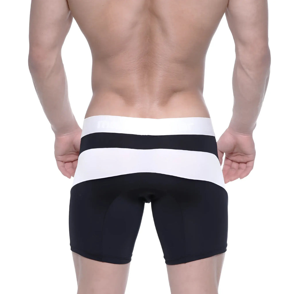 Black and white striped metroMalewear polyester mid boxer arc 10 inch athletic briefs with snug form-fitting design