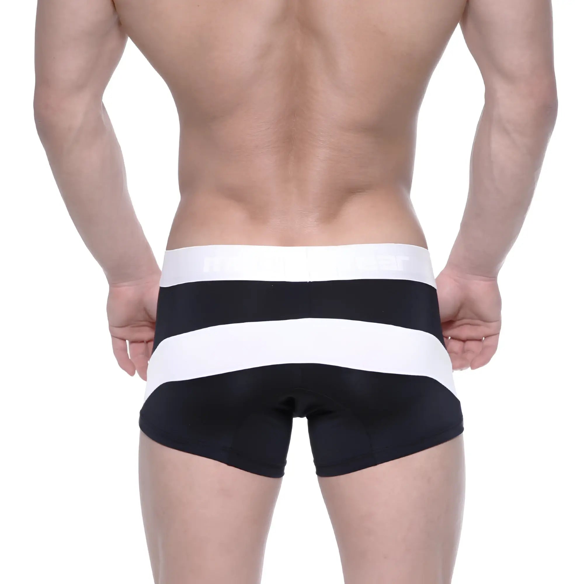 Black and white striped metroMalewear polyester short boxer briefs with a wide elastic waistband 7 inch inseam