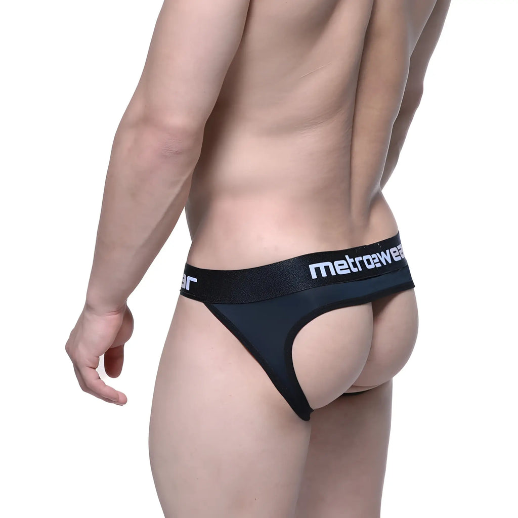 Black metrowear thong with white logo waistband showing front of metroMalewear pops bikini jock strap 3041-20