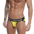 Yellow and black mens briefs with bold metromalewear logo waistband in metro male wear pops bikini jock strap mango 3041-15