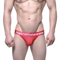 Red metromalewear pops bikini jock strap briefs with white logo band for comfortable activewear use