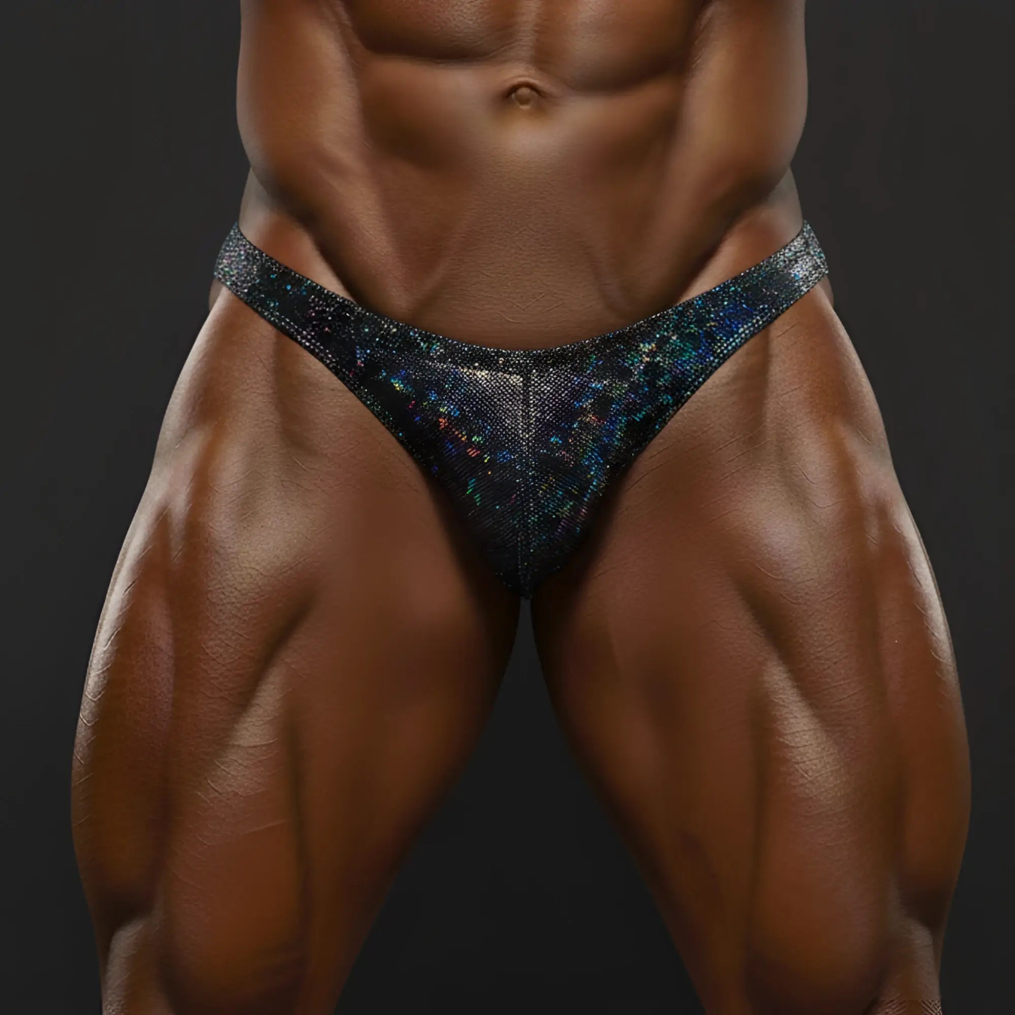 MetroMalewear posingwear black crystal bowl posing suit shimmering black and blue holographic briefs front view