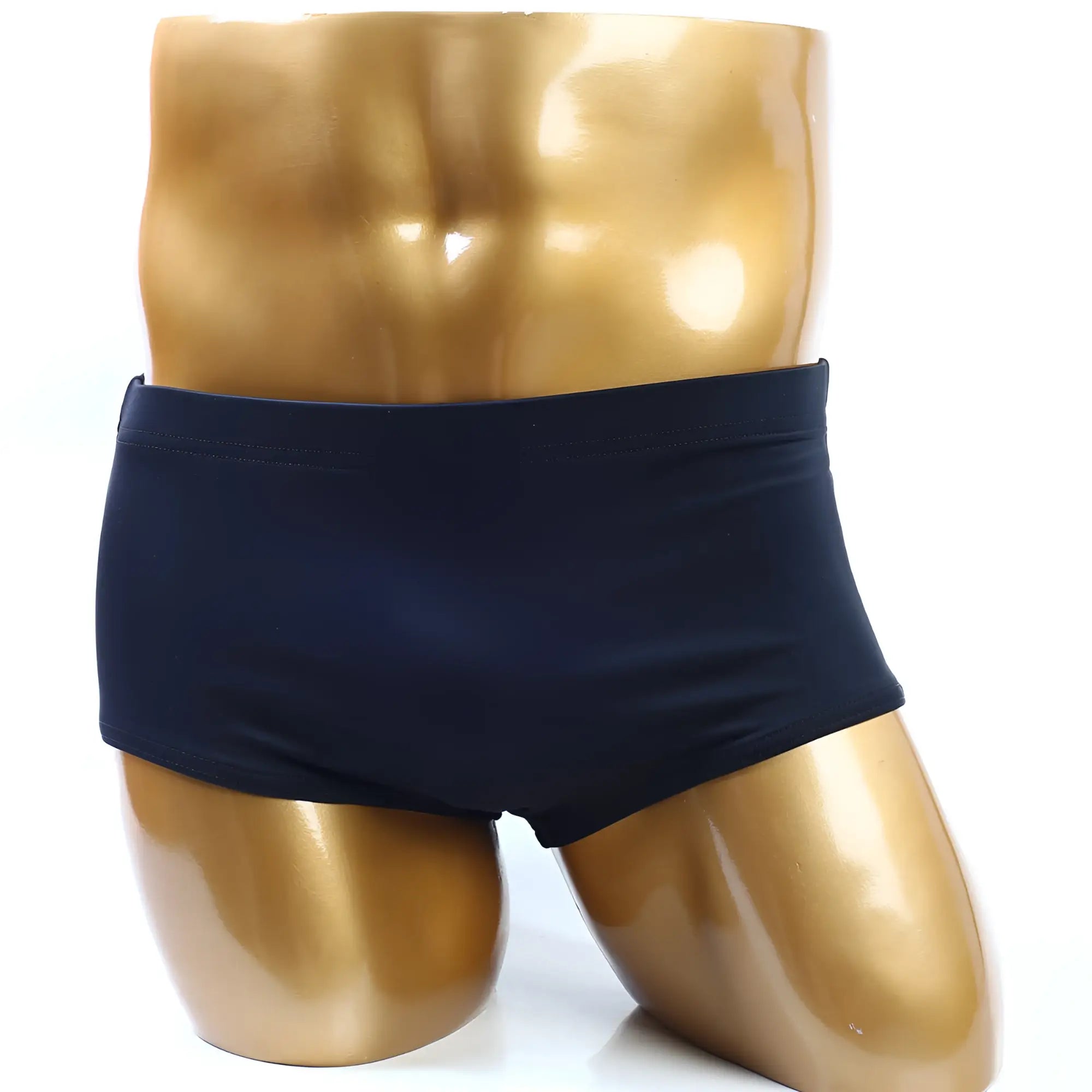MetroMaleWear classic body building trunk in navy blue displayed on a golden mannequin torso with a 6 inch length