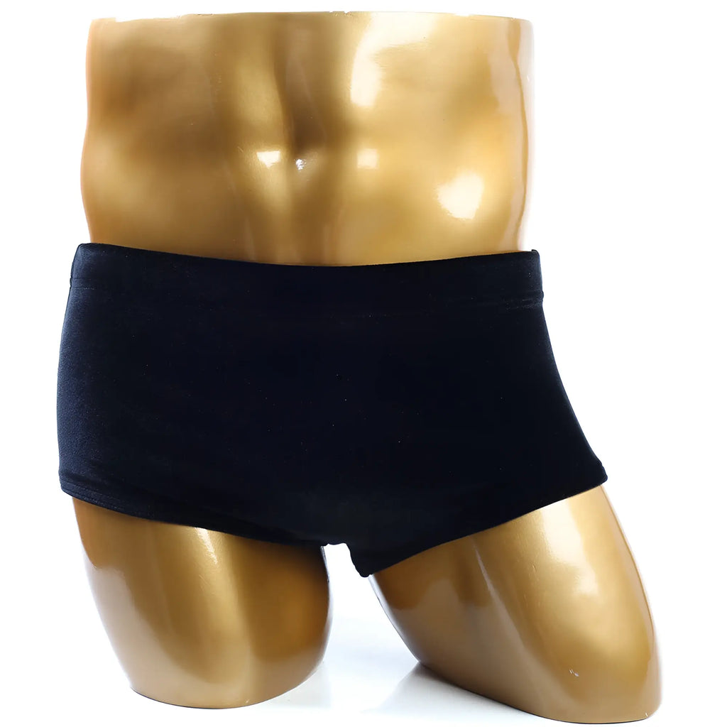 Black velvet briefs made of velvet on a golden mannequin from MetroMaleWear posingwear classic body building trunk 6 inches