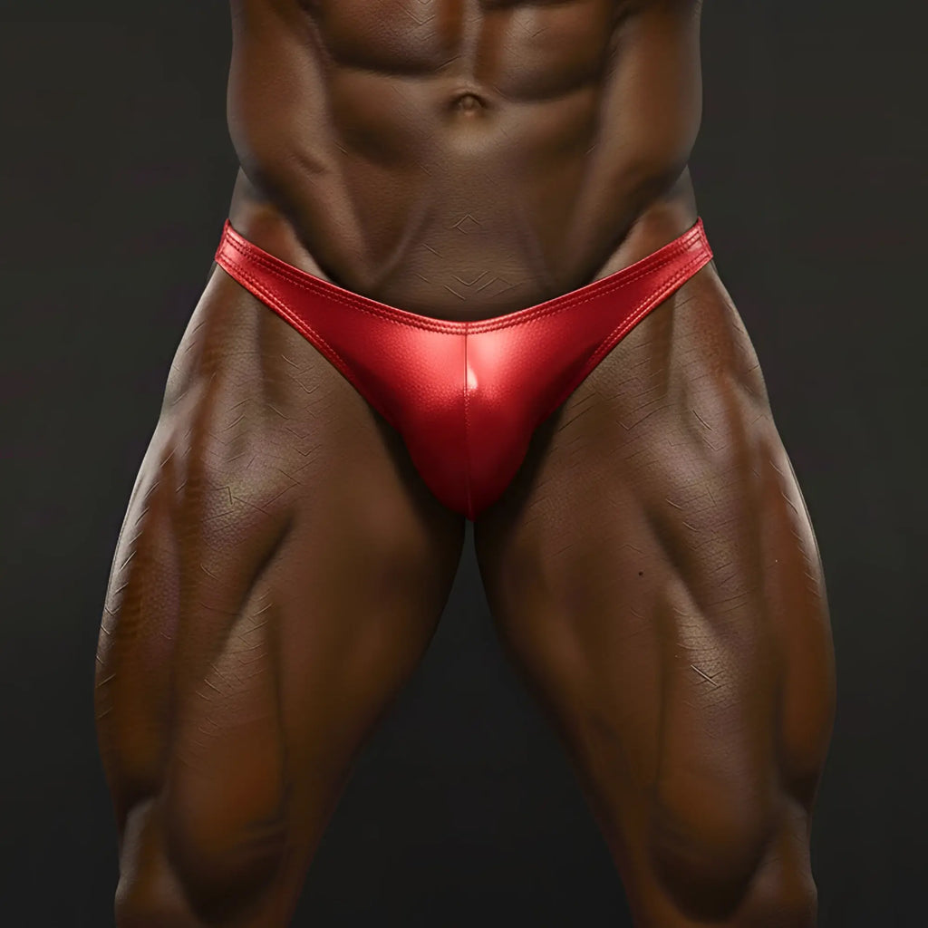 MetroMaleWear PosingWear core red posing suit vibrant red glossy fabric briefs with sleek form-fitting design
