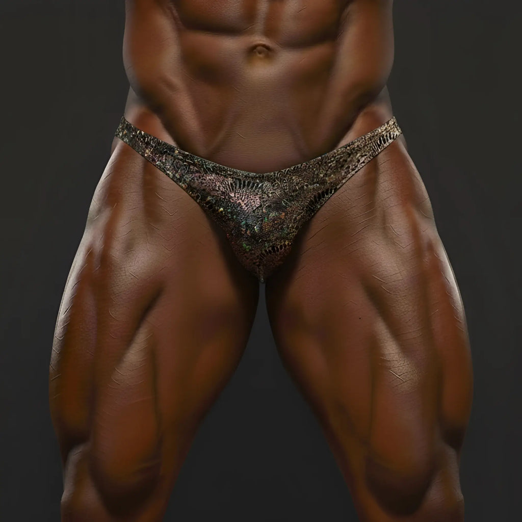 Shimmering metallic gold snake-scale patterned briefs from metromalewear ideal for posing and competition wear