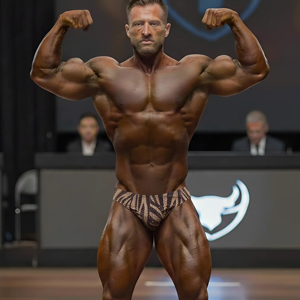 A muscular man flexing in a brown and beige zebra-striped MetroMaleWear PosingWear Gold Zebra brief on stage