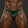 Emerald green velvet thong from MetroMaleWear designed as a posing suit for bodybuilding and fitness models