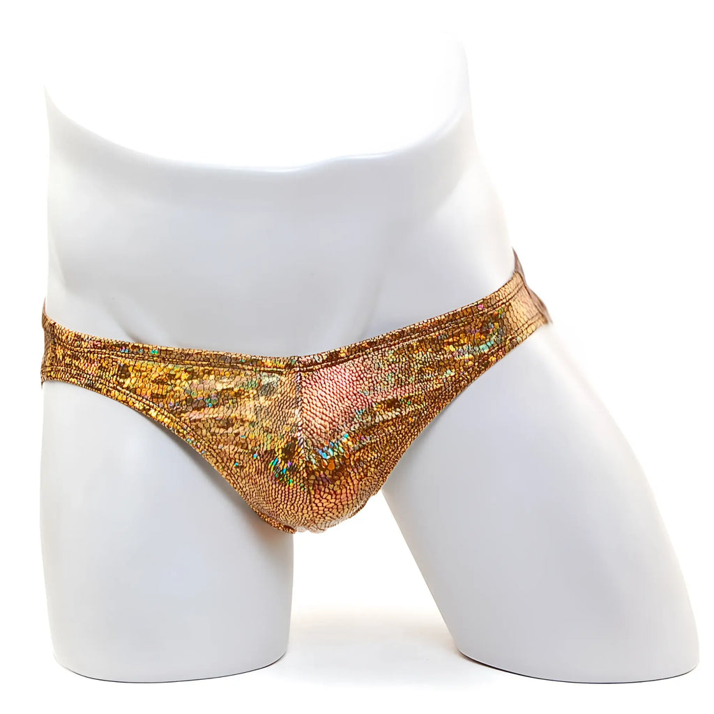 Shiny gold holographic patterned briefs with textured iridescent finish from metromalewear posingwear hologram gold posing suit