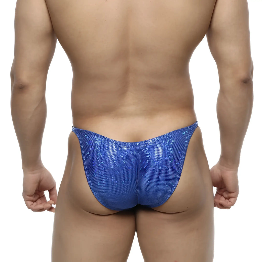 Blue sequined thong with shiny textured surface from metromalewear posingwear ifbb pro dazzling blue suit