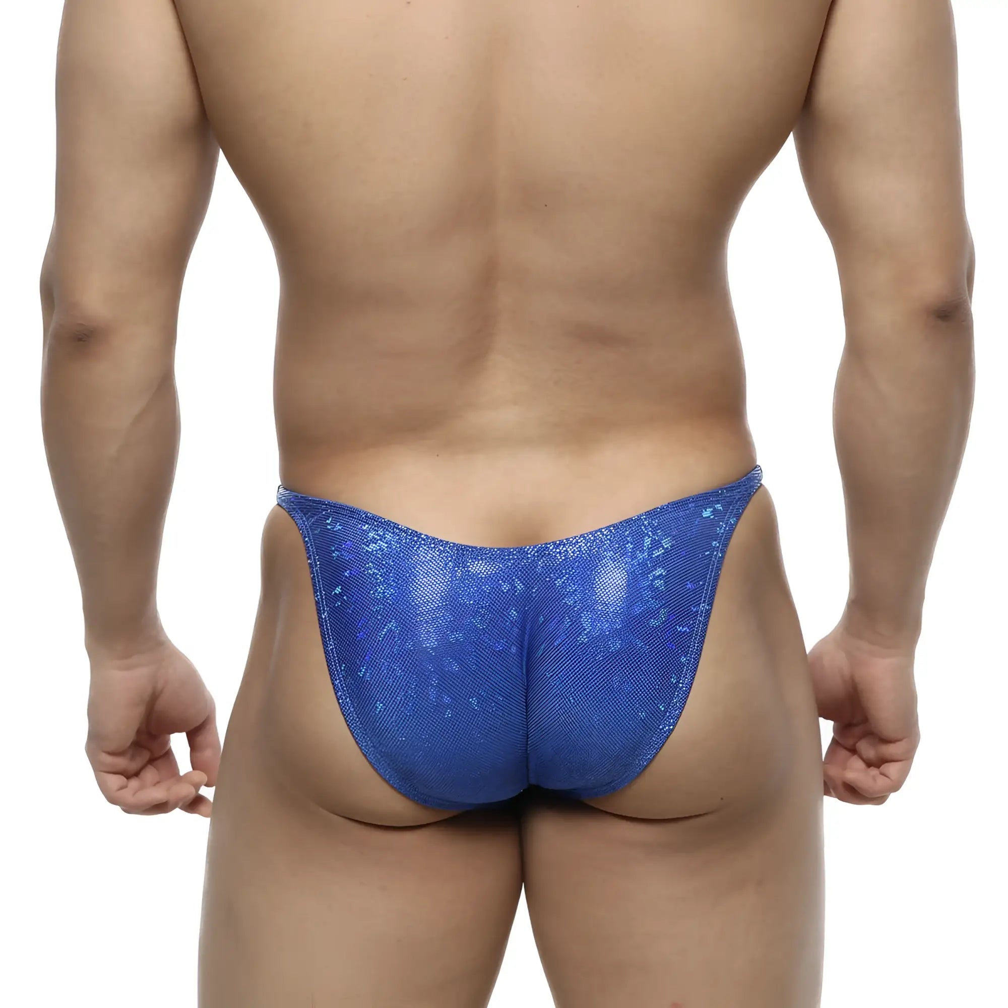 Blue sequined thong with shiny textured surface from metromalewear posingwear ifbb pro dazzling blue suit