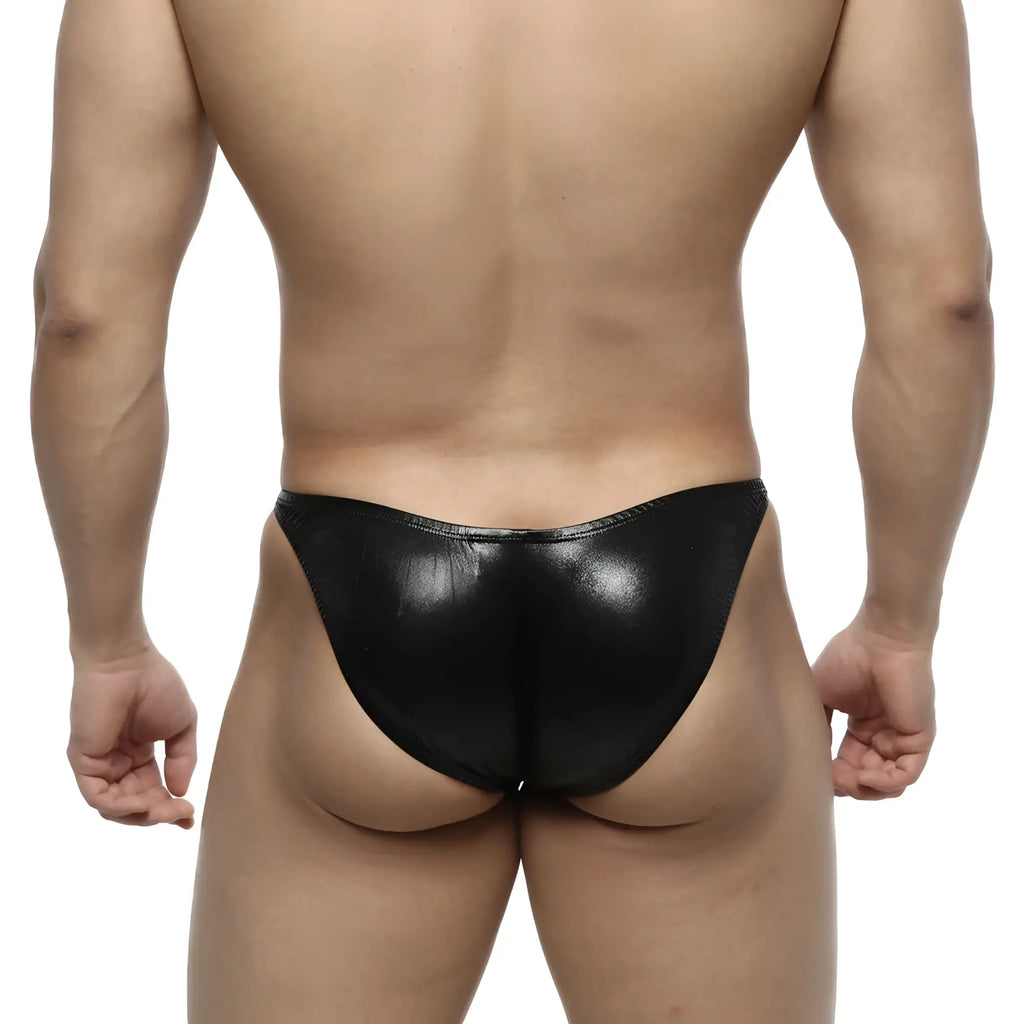 Black glossy faux leather thong with sleek minimalist design from metromalewear posingwear ifbb pro posing suit leather