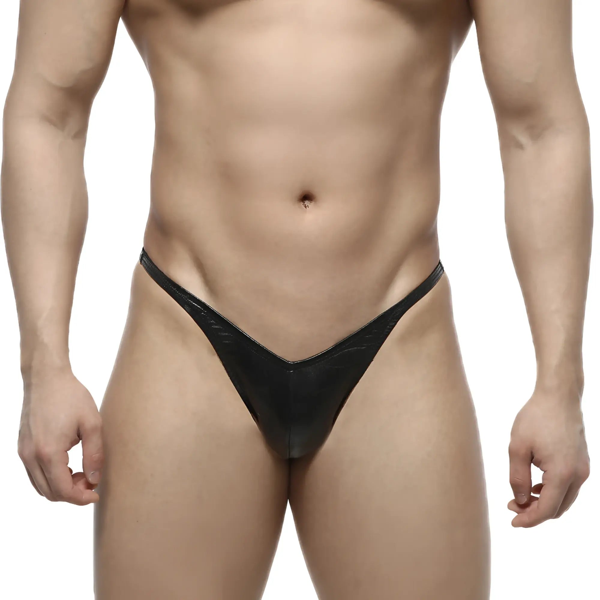 Black glossy latex thong with subtle textured pattern from metromalewear posingwear ifbb pro leather suit front view