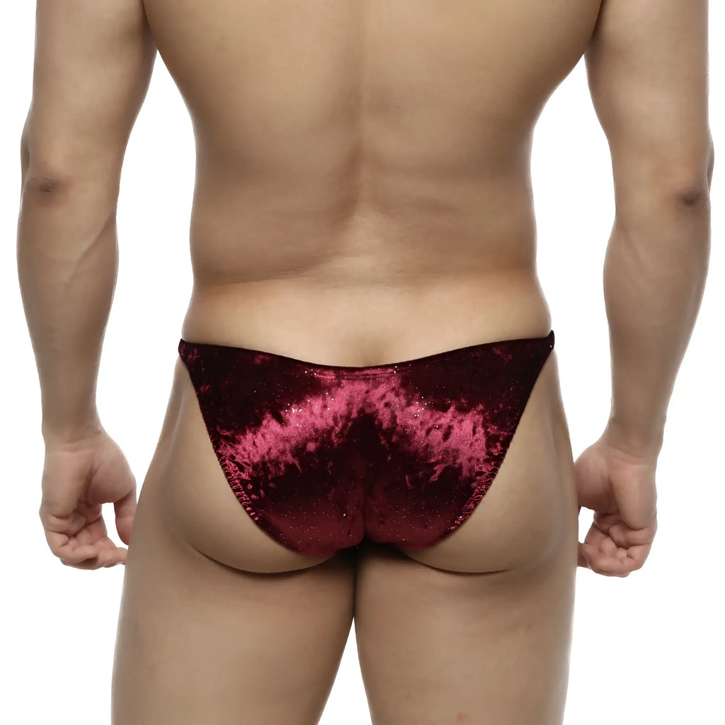 MetroMaleWear shimmering burgundy velvet brief with glittery finish for IFBB pro posing suit purple edition
