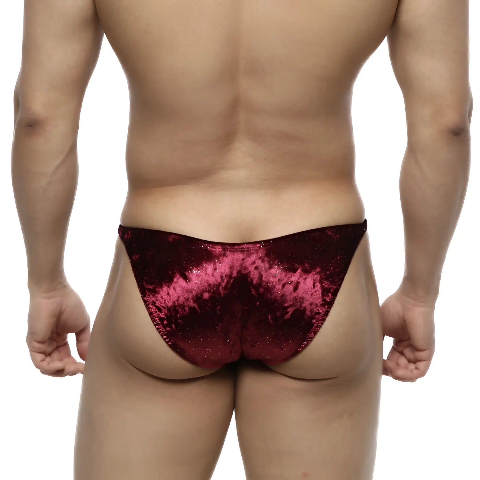 MetroMaleWear shimmering burgundy velvet brief with glittery finish for IFBB pro posing suit purple edition