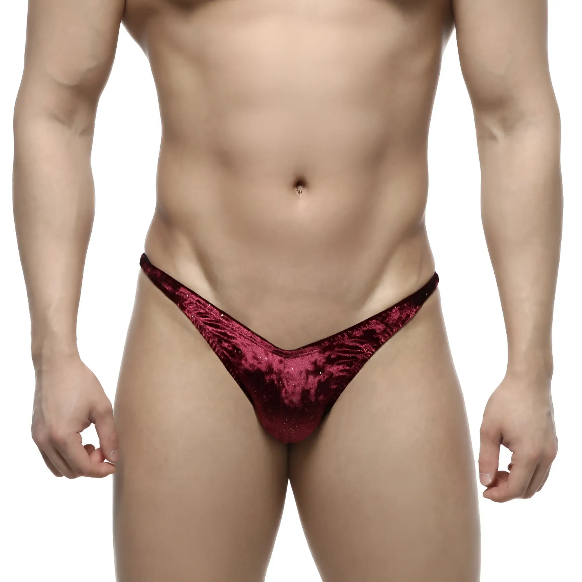 A deep red velvet thong with subtle textured pattern from MetroMaleWear PosingWear IFBB PRO Purple collection