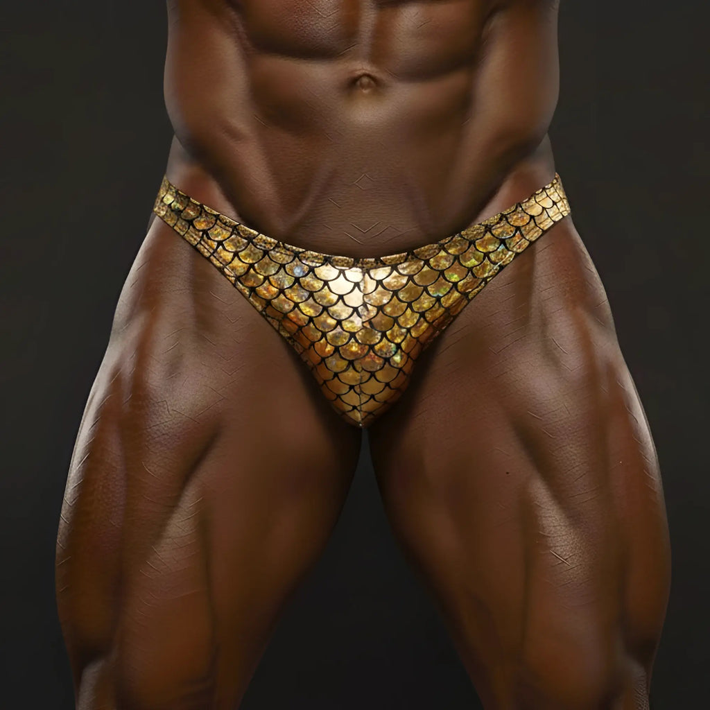 Shiny gold scale-patterned men’s briefs by metromalewear designed as a mermaid gold posing suit for posing wear