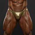 Shiny gold mesh briefs with a diamond-patterned design metalic gold check posing suit by metromalewear