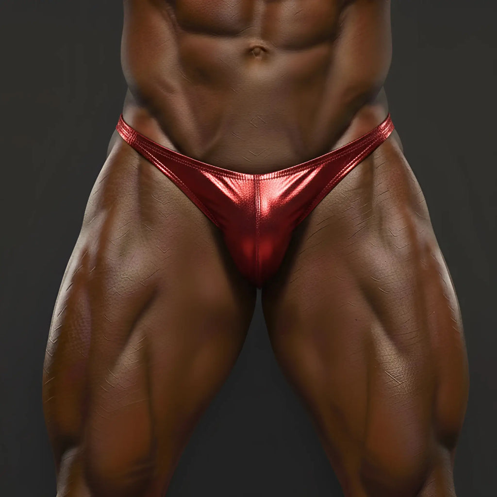 Shiny red metallic briefs made by MetroMaleWear designed as a posing suit for male competitors