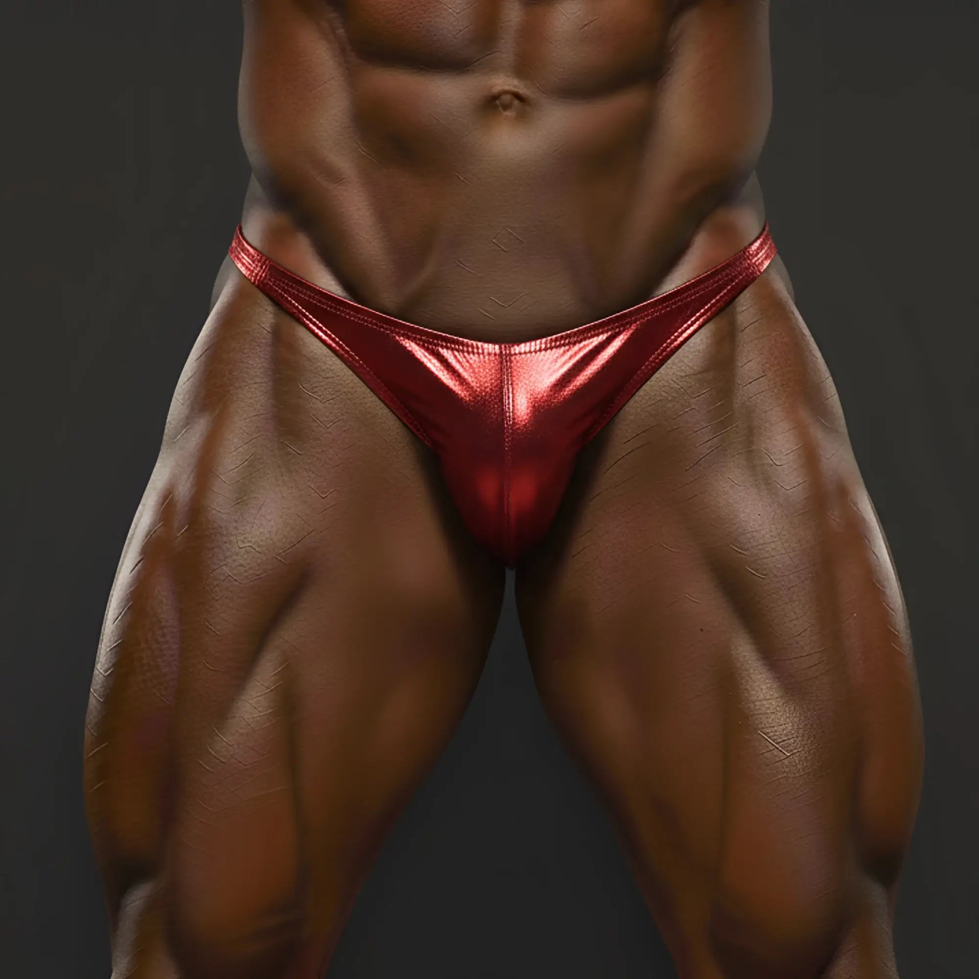 Shiny red metallic briefs made by MetroMaleWear designed as a posing suit for male competitors