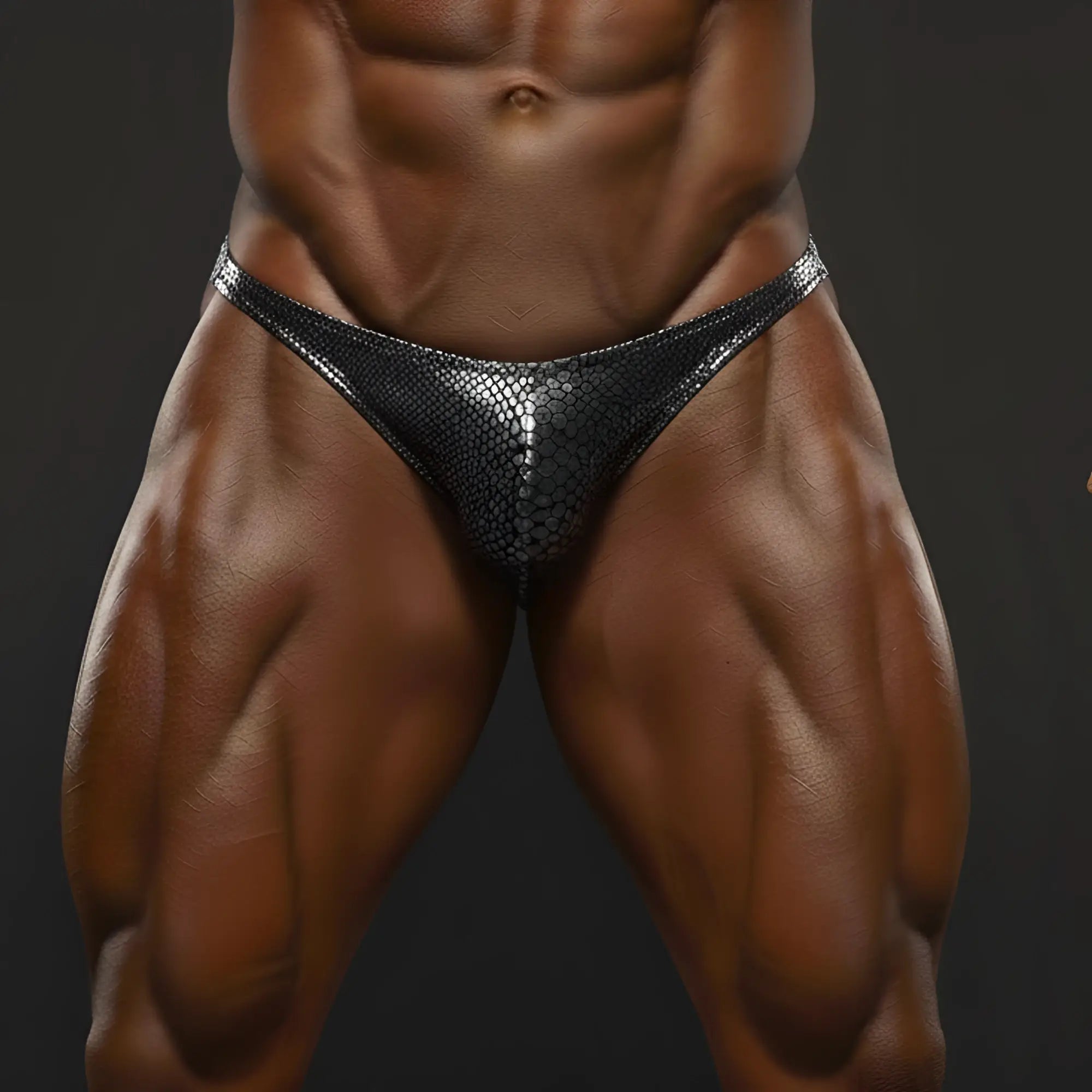 Shiny black snakeskin-patterned athletic briefs from metromalewear metalic snake posing suit for bodybuilding posing