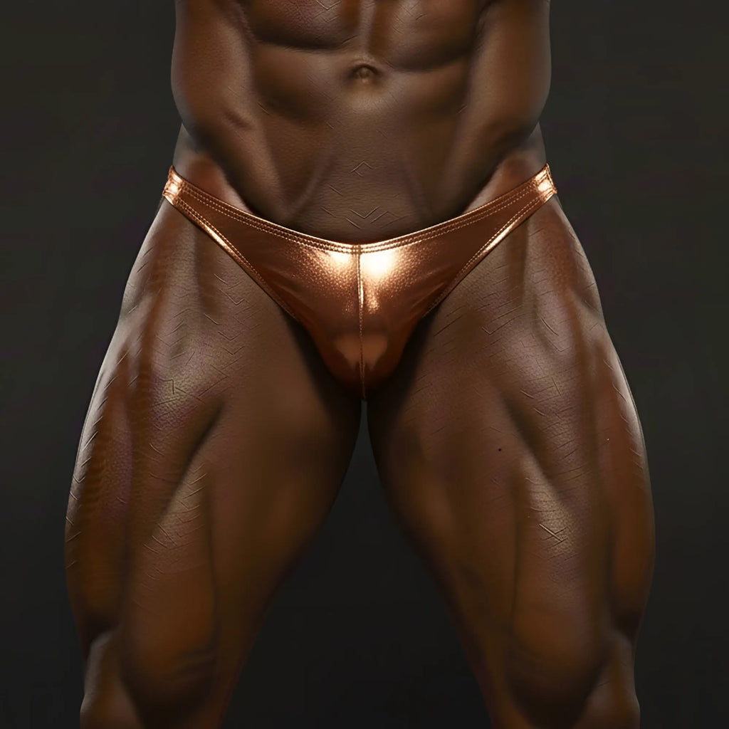 MetroMaleWear ochre posing suit shiny copper-colored metallic briefs with sleek form-fitting design front view