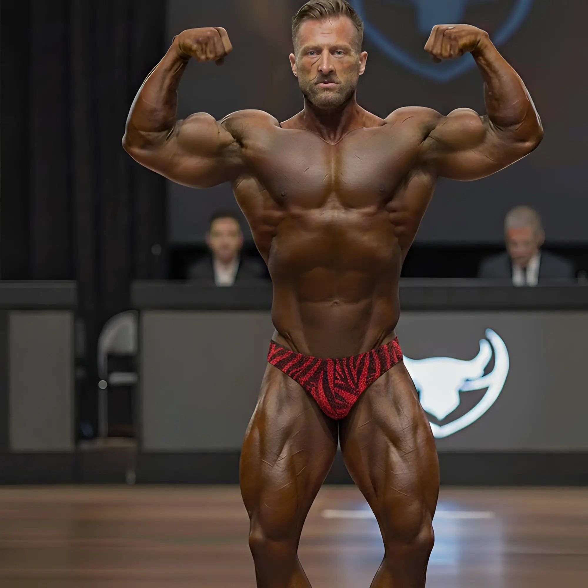 MetroMaleWear posingwear red zebra competition briefs feature a red and black zebra pattern for bodybuilding use