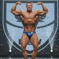 Royal hologram blue shiny competition briefs with number 20 by metro malewear for posing wear use