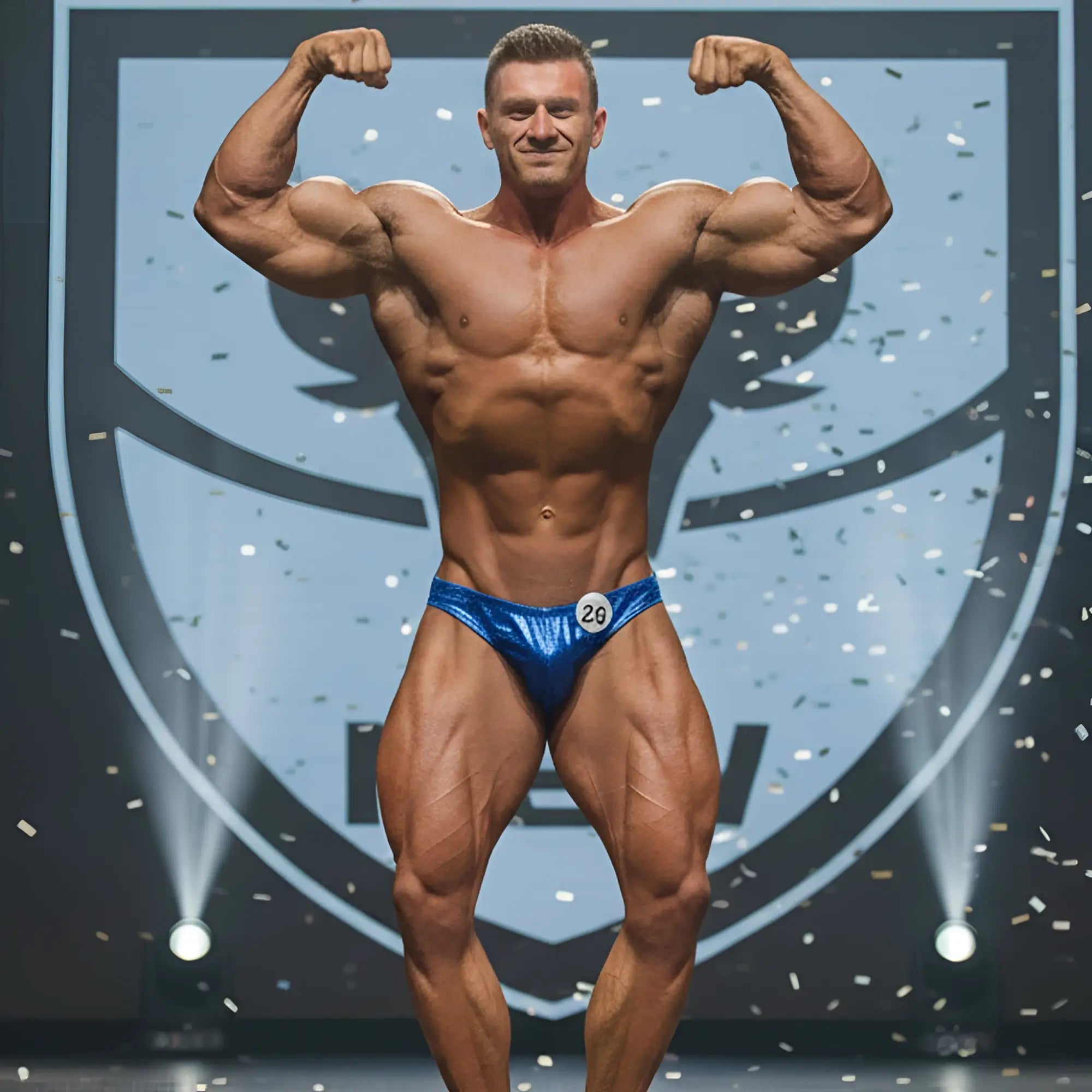 Royal hologram blue shiny competition briefs with number 20 by metro malewear for posing wear use
