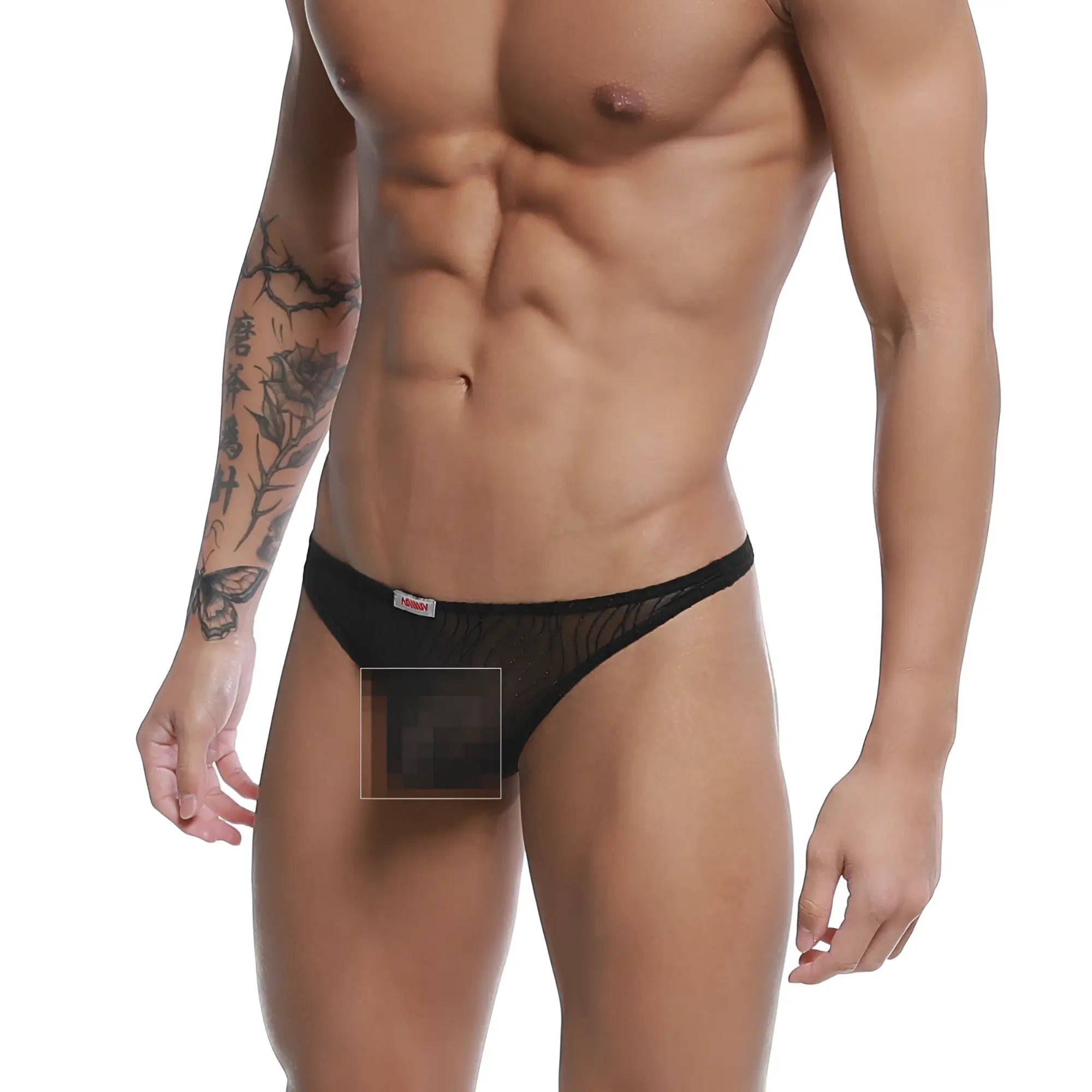 Black sheer mesh briefs pouch thong with red and white MetroMaleWear brand tag on waistband