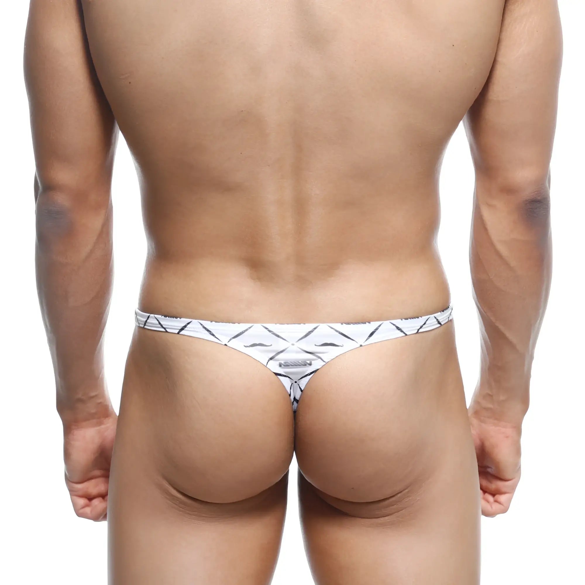 White thong with black geometric pattern and small metallic logo at center from metromalewear pouch thong caballero 2302-03