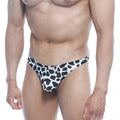 MetroMaleWear pouch thong in black and white cow print with a small brand tag at the waistband