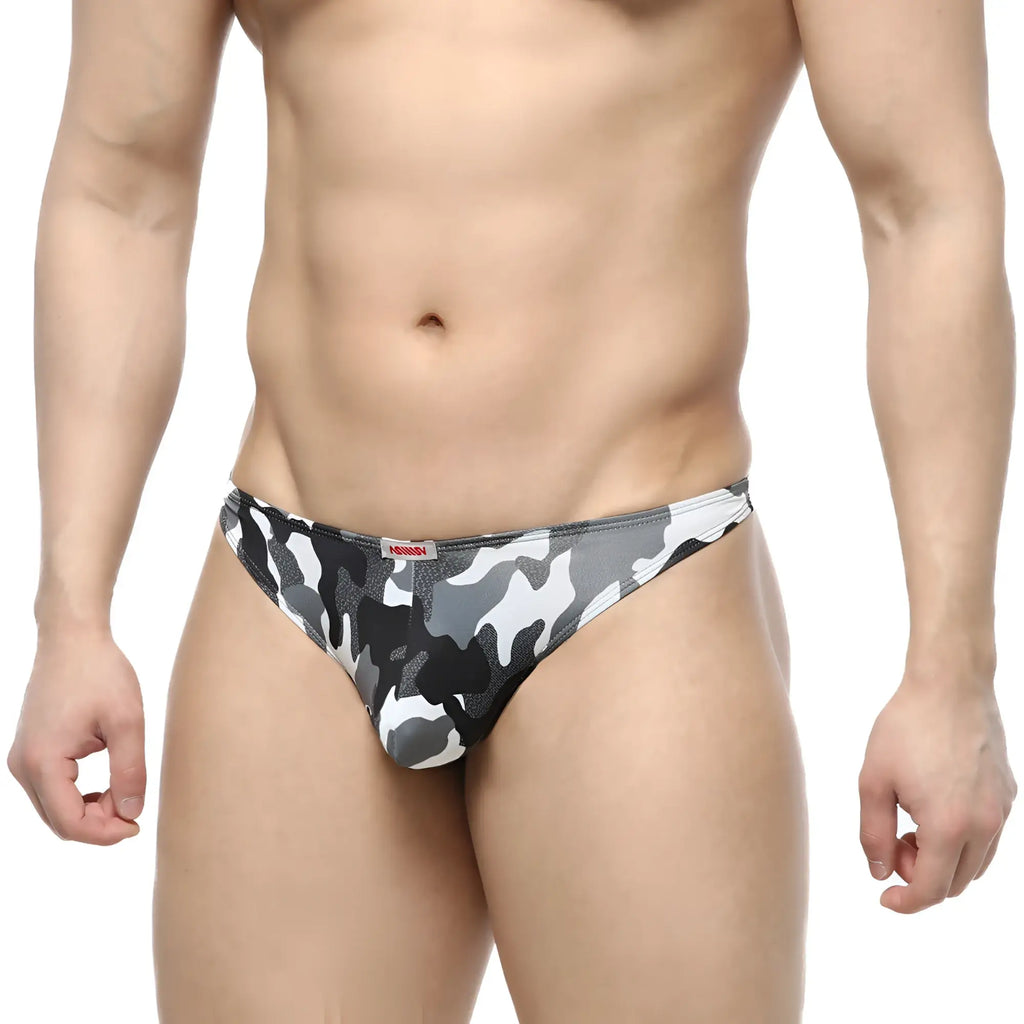 MetroMaleWear gray camo pouch thong men’s briefs with snug fit featuring black white and gray camouflage pattern