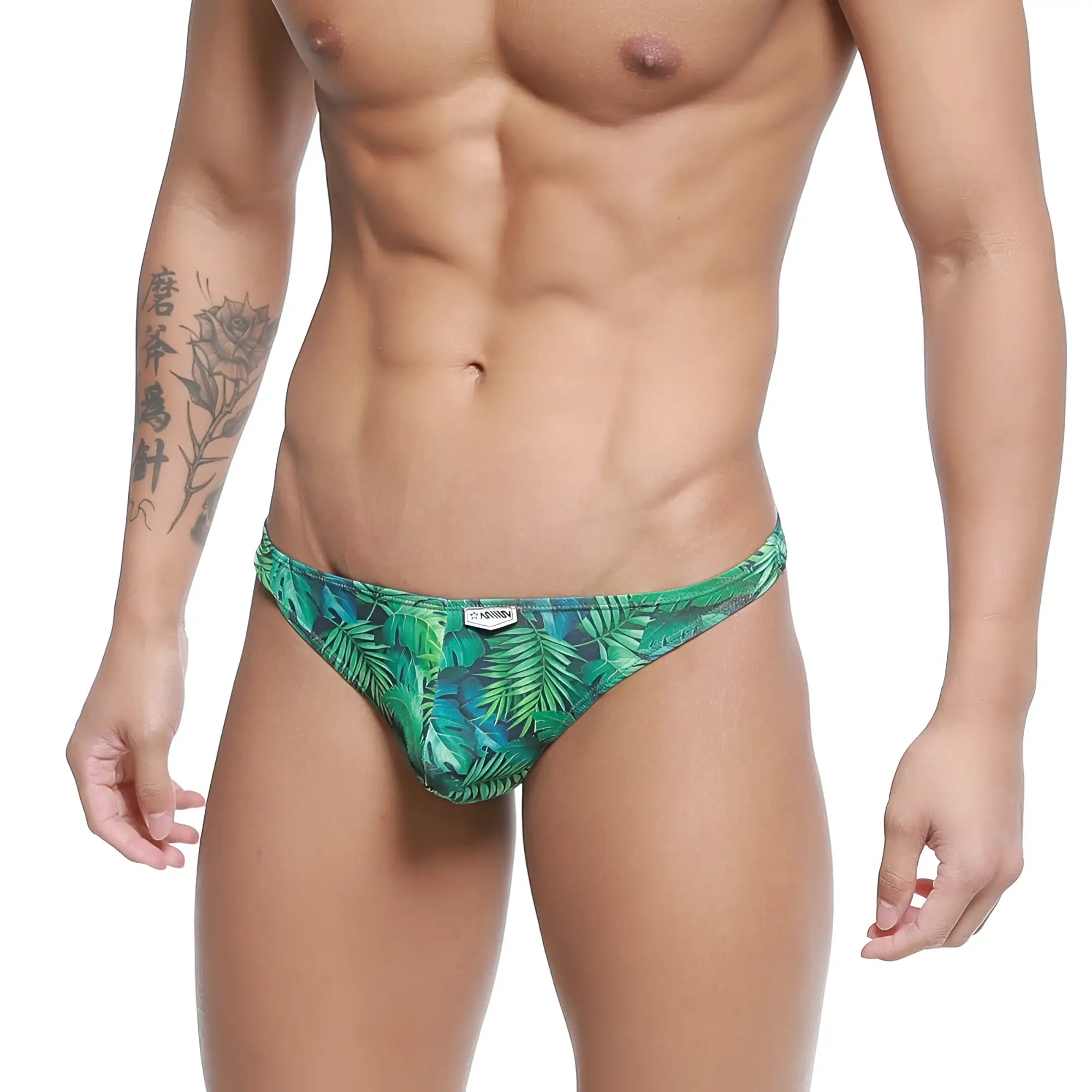 Metro MaleWear pouch thong Jungle 2302-02 green tropical leaf patterned men’s briefs front view