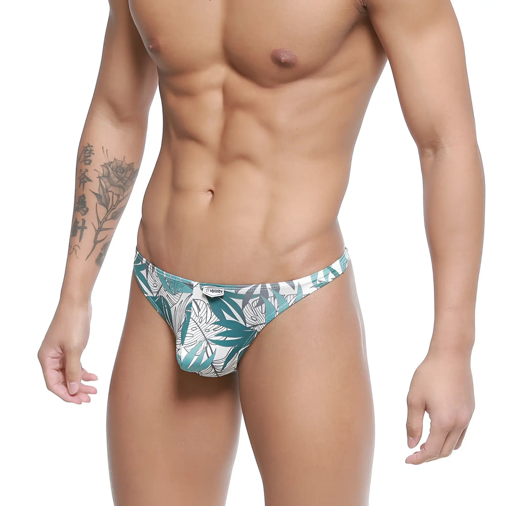 MetroMaleWear pouch thong meadow 2302-10 teal and white tropical leaf patterned men’s briefs front view