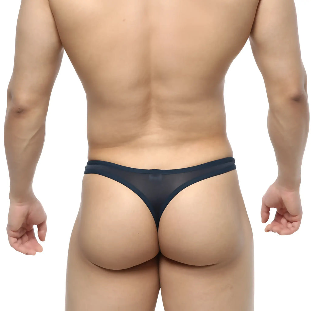 MetroMalewear pouch thong navy 2302-28 black sheer mesh thong with solid waistband front view
