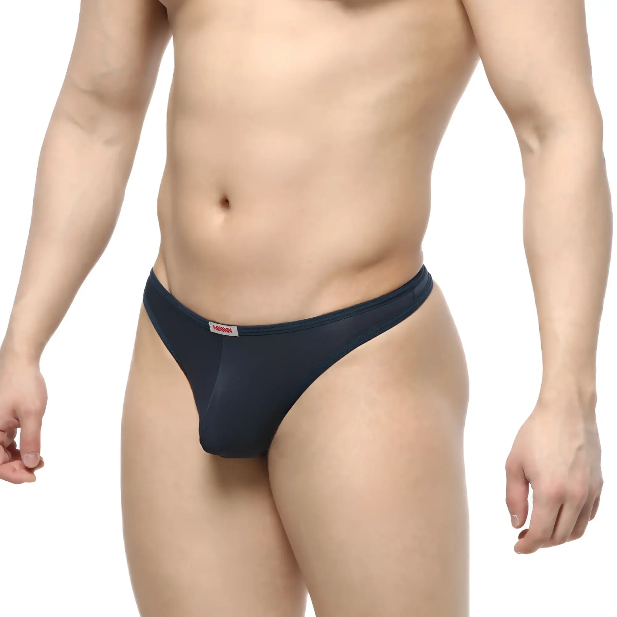 Navymalewear pouch thong navy 2302-28 sheer mesh navy blue thong with small red and white brand tag on waistband