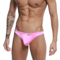 Bright pink shiny fabric briefs with a small metallic logo on the waistband by MetroMaleWear pouch thong 2302-06
