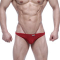 Red striped snug fit men’s briefs with a pouch design and small white MetroMaleWear brand tag at the waistband