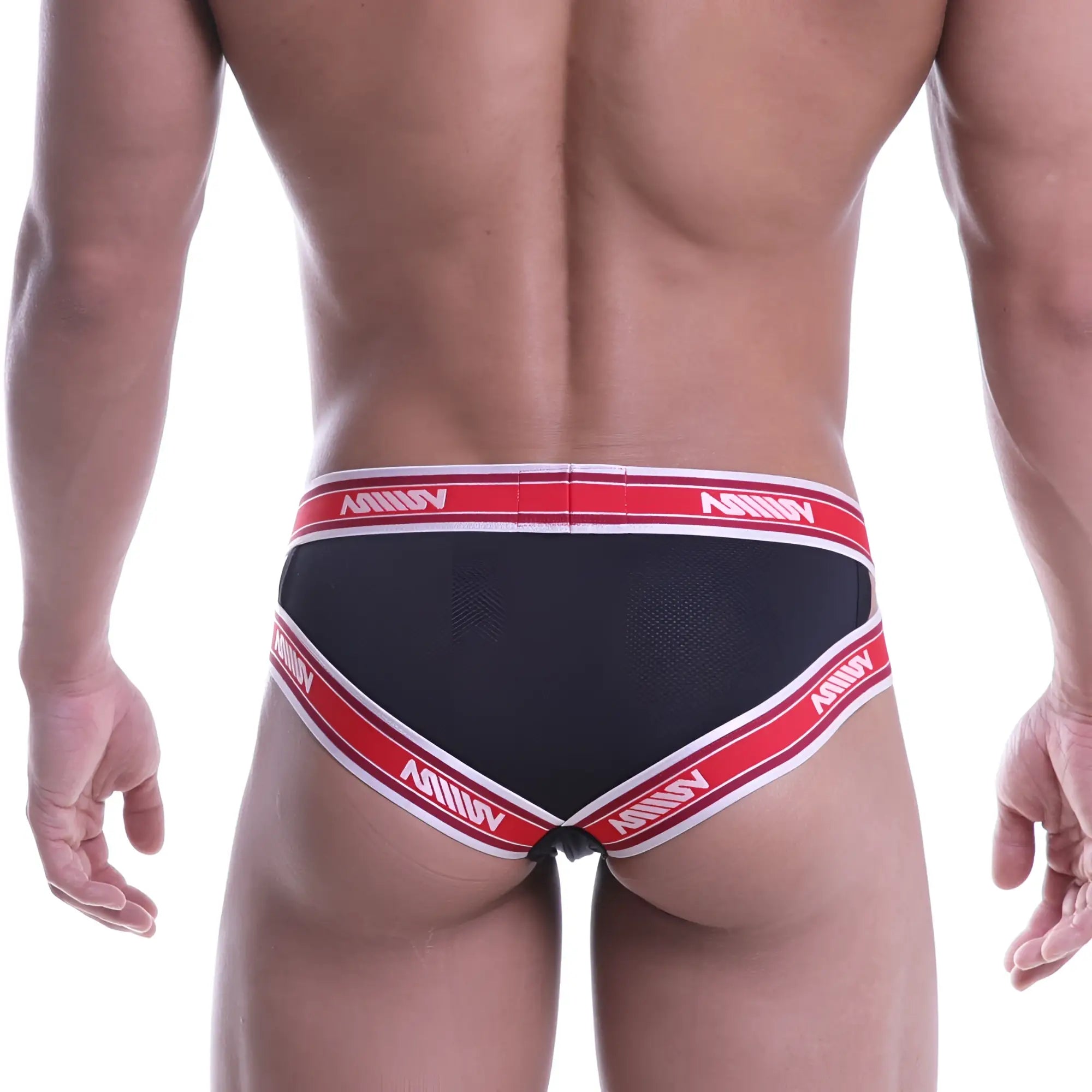 MetroMaleWear Power Mesh hip brief in black and red with white trim featuring a repeating milly logo