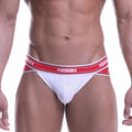 White mesh metroMalewear power mesh hip briefs with red and white striped waistband featuring amin logo