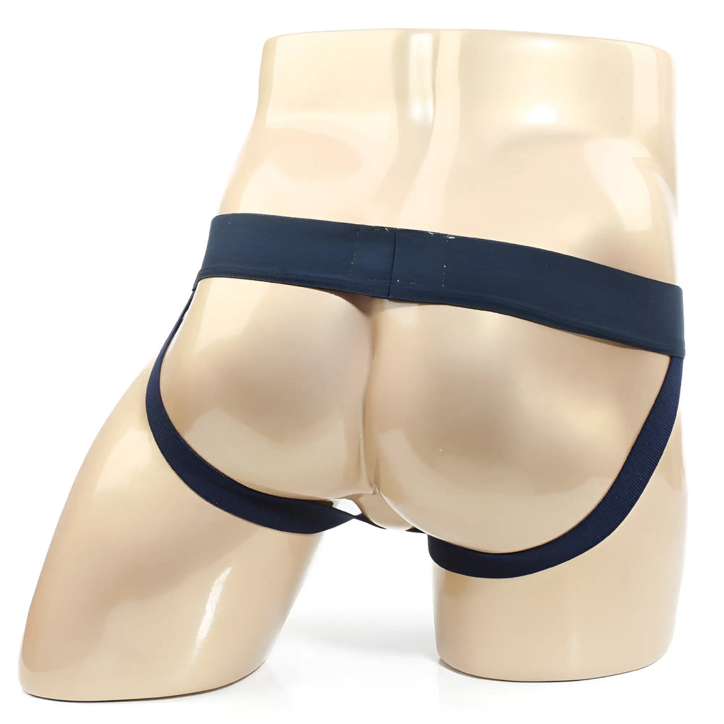 Navy blue cotton power mesh jock strap briefs with supportive waistband and leg straps by metromalewear